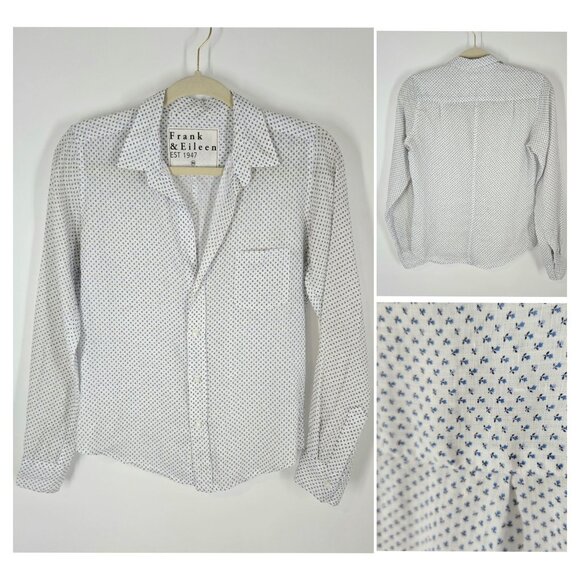Frank & Eileen White Linen Floral Barry Button-up Shirt w/ Pocket Women's Sz XS - Picture 2 of 11